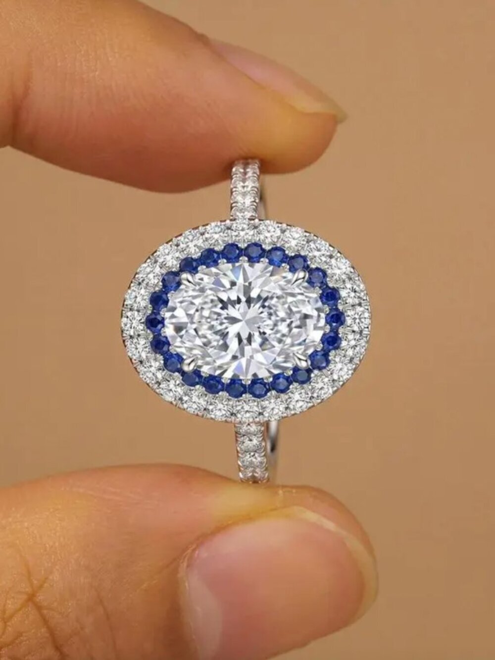 NEW 18k White Gold Diamond Ring Oval Cut Sapphire Diamond Ring Band